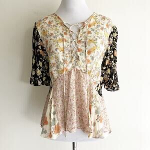 Zara Medium Blouse Patchwork Floral Print Lace Up Flutter Short Sleeve Boho Top